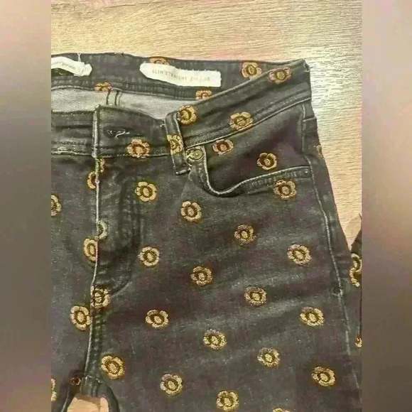 Anthropologie Pilcro Slim Straight Black Jeans with Floral Embroidery - Picture 6 of 11